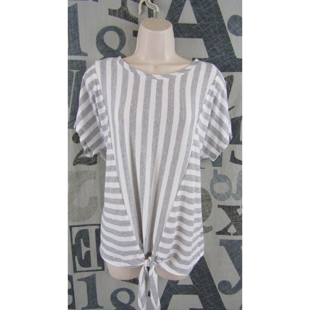 Jones New York Signature Women XL Top White & Gray Stripe Tie Front Hem Stretch